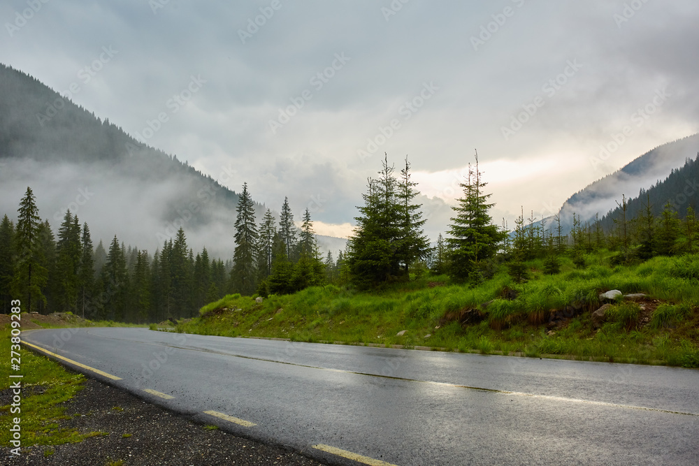 Asphalt road into misty mountains