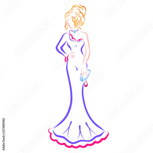 lady in a long dress with a magnificent hairstyle and with a handbag in her hand