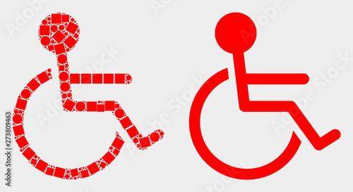 Dot and flat wheelchair person icons. Vector mosaic of wheelchair person formed of irregular rectangle elements and spheric elements.