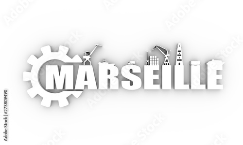 Gear with sea shipping and travel relative silhouettes.. Calligraphy inscription. Marseille city name text. 3D rendering © JEGAS RA