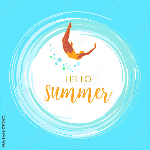 Hello Summer vector illustration of a swimmer on bright blue background. Design template for banner, flyer, invitation, brochure, poster or greeting card.