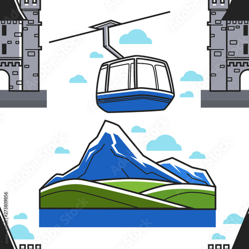 Swiss landscape castle and funicular seamless pattern landmarks and sights