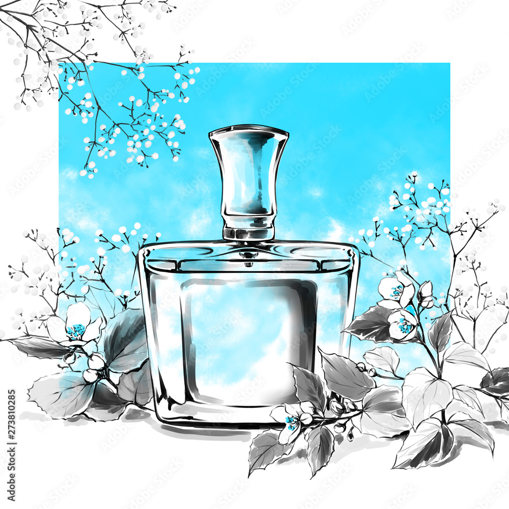 Perfume bottle glass fragrance watercolor illustration, fashion sketch, art  print Stock Illustration