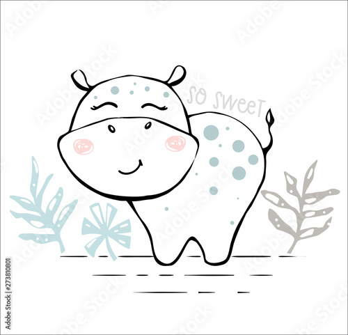 Hippopotamus baby girl cute print. Sweet hippo. So sweet slogan. Cool african animal illustration