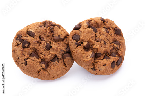 Chocolate chip cookies isolated on white background. Sweet biscuits. Homemade pastry.