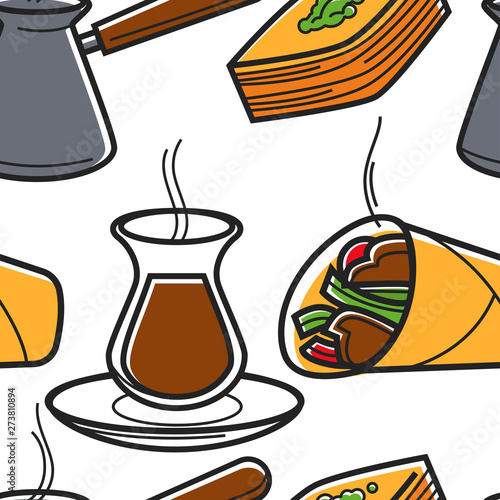 Turkish food seamless pattern cuisine and drinks traveling