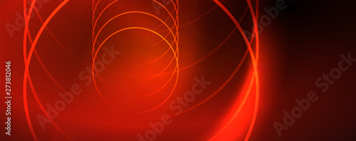 Bright neon circles and wave lines, glowing shiny background design template, digital techno concept. © antishock