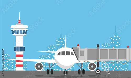 Plane before takeoff. Airport control tower, jetway, terminal building and parking area. Cityscape. Sky with clouds and sun. Vector illustration in flat style - Vector