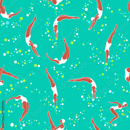 Vector abstract summer time seamless pattern with swimming girls isolated on blue background. Flat illustration for wrapping paper, wallpaper, textile print
