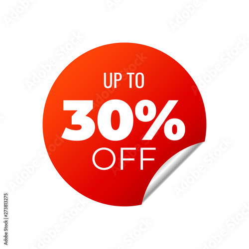 Red Vector Banner Sticker on white background, up to 30 percent off