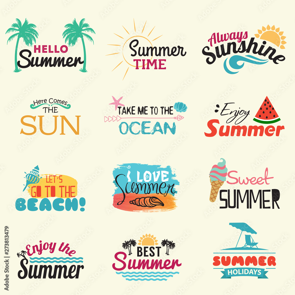 Summer labels, logos, hand drawn tags and elements set for summer holiday, travel, beach vacation, sun. Vector illustration. - Vector