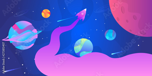 Vector illustration. Horizontal space background with abstract shape and planets. Web design. Space exploring. 