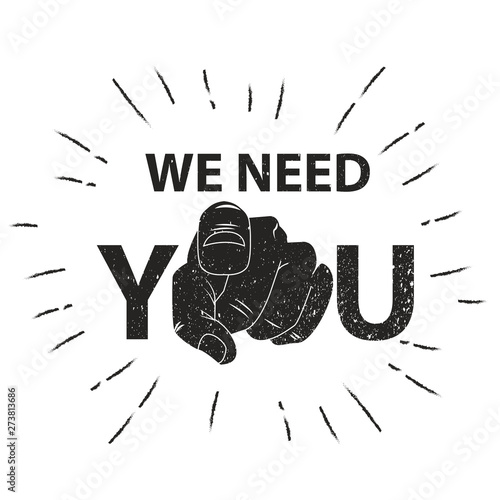 We need you concept vector illustration. Retro human hand with the finger pointing or gesturing towards you.
