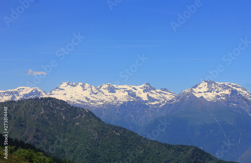 mountain range with snow and vegetation