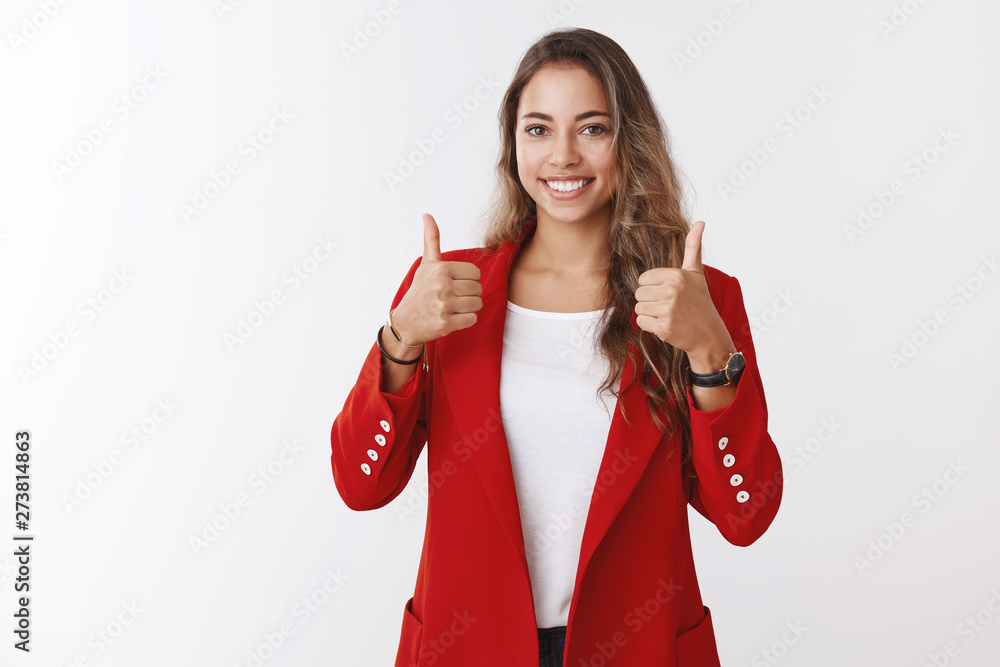 Nice job, well done, great. Proud good-looking satisfied female entrepreneur showing thumbs up smiling delighted pleased seeing good result, encouraging assitant keep up, liking plan, approving Nice job, well done, great. Proud good-looking satisfied female entrepreneur showing thumbs up smiling delighted pleased seeing good result, encouraging assitant keep up, liking plan, approving