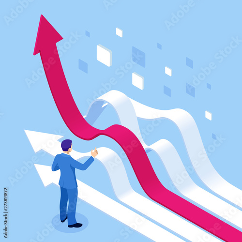 Isometric business analytics and financial technology, data visualization concept. Business Analytics technology using big data, cloud computing, statistical model.
