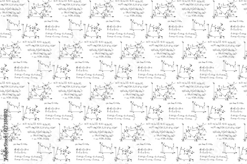 Physics seamless pattern with the equations, figures, schemes, formulas and other calculations on whiteboard. Retro scientific handwritten vector Illustration.