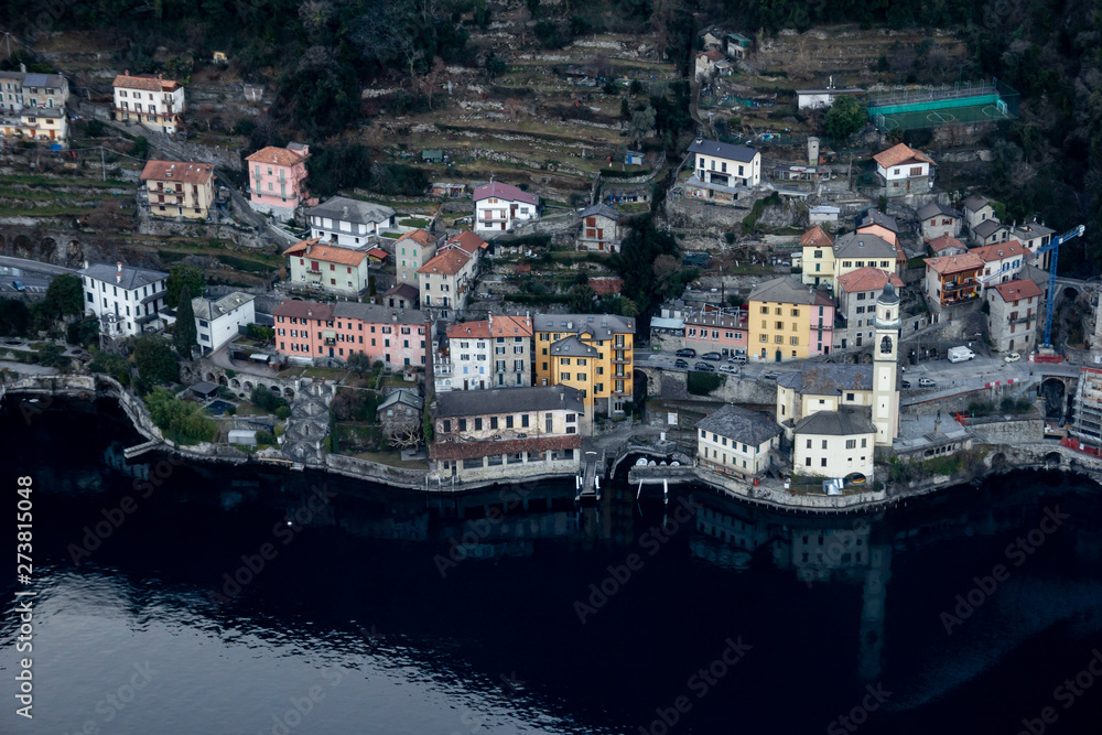 Coastal settlements on Lake Como. Bird's-eye view. Italy.