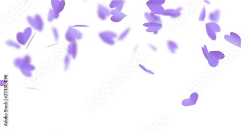 Purple paper hearts falling down.