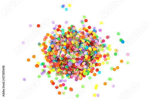 Heap of multicolored confetti isolated on white.