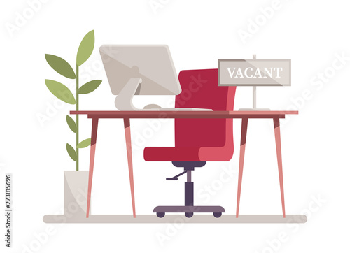 Open vacancy flat vector illustration. Vacant job position. Workplace, workspace with no people. Cartoon desk, chair, PC. Vacant post. Staff search. Job opportunity, employment possibility concept