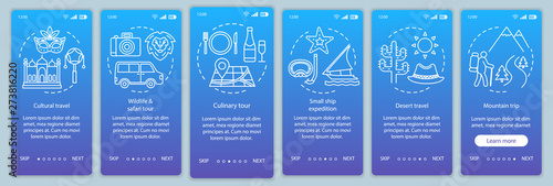 Travel experiences onboarding mobile app page screen vector template