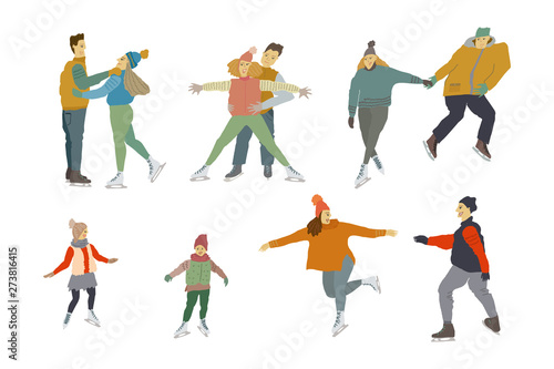 People ice skiing Men women and children on ice skates. Human figure in motion