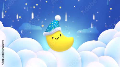 Cartoon sweet lullaby theme. Cute smiling moon wearing a nightcap with fluffy pom pom. Beautiful shooting stars and white clouds at night.3d rendering picture.