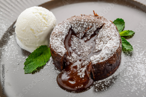 Schilderij op canvas Hot Chocolate Pudding , Fondant au chocolat and healthy food
