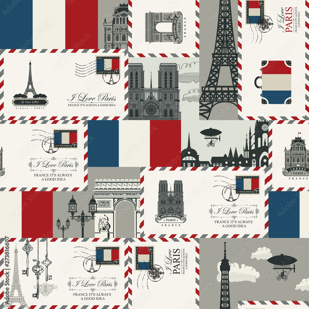 Vector seamless Background on France and Paris theme with envelopes, architectural landmarks and flag of French republic in retro style. Can be used as wallpaper or wrapping paper