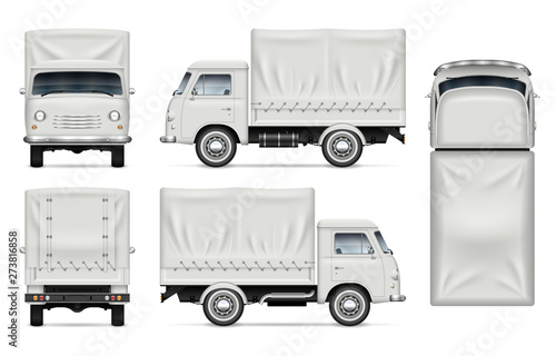 Realistic old truck vector mockup. Isolated template of the van on white for vehicle branding, corporate identity. View from left, right, front, back, and top sides, easy editing and recolo