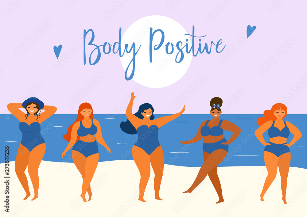 Summer poster with happy plus size girls in trendy summer swimsuits. Body positive. Vector design elements. Summer poster with happy plus size girls in trendy summer swimsuits. Body positive. Vector design elements.