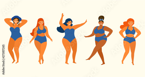 Happy plus size girls in trendy summer swimsuits. Body positive. Vector design elements.