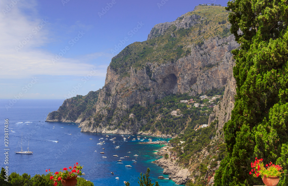 Panoramic view of Marina Piccola and Tyrrhenian sea in Capri island - Italy