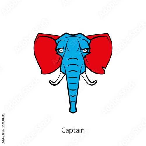 Cartoon character of a southern animal. The head of a funny cool African or Indian elephant. Vector. Conceptual. The power of thought. Thought captain.