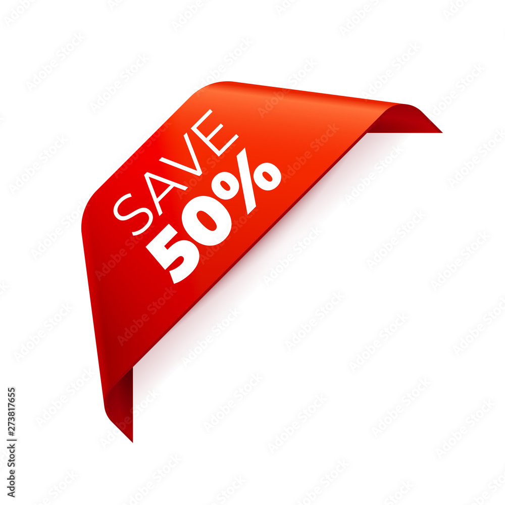 Red Vector Banner Ribbon on white background, corner ribbon, save 50 percent Red Vector Banner Ribbon on white background, corner ribbon, save 50 percent
