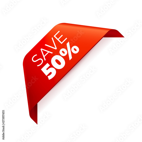Red Vector Banner Ribbon on white background, corner ribbon, save 50 percent
