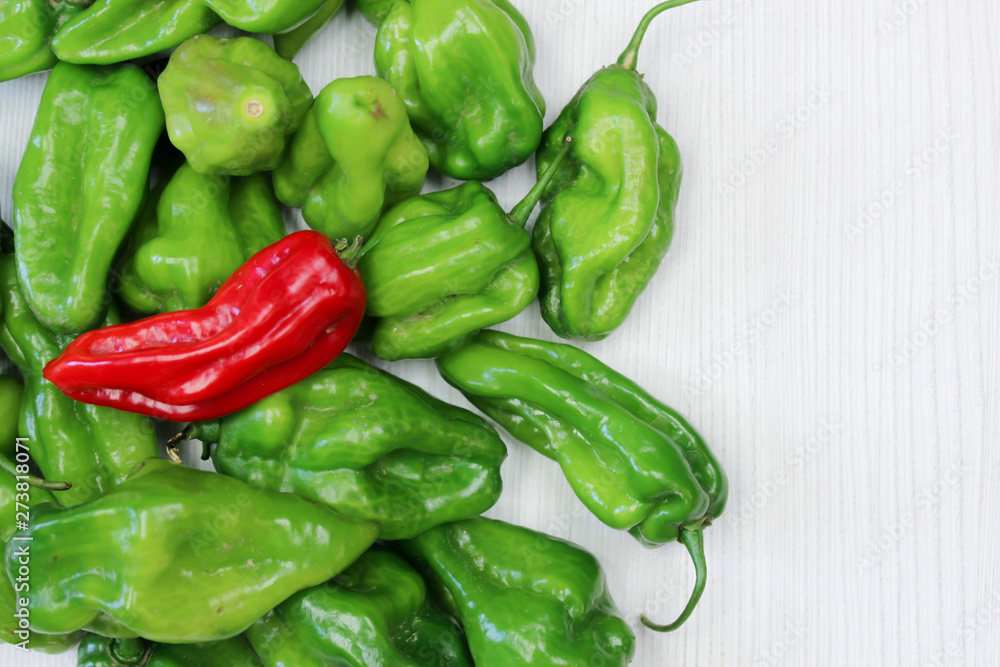Small red and green peppers on white background Small red and green peppers on white background