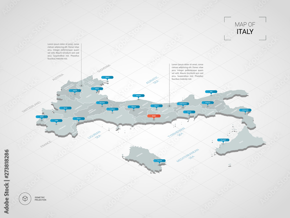 Isometric  3D Italy map. Stylized vector map illustration with cities, borders, capital, administrative divisions and pointer marks; gradient background with grid.