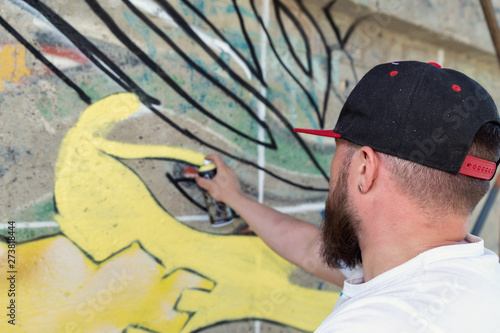 Graffiti artist painting with aerosol spray bottle