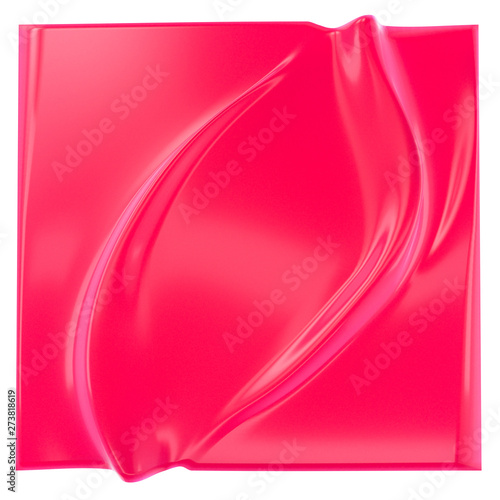 Red banner, fabric folds, cloth product display backdrop. Fluid glossy uneven texture. 3d illustration