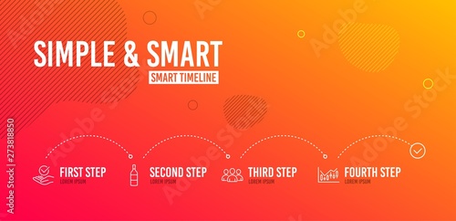 Infographic timeline. Group, Wine bottle and Approved icons simple set. Financial diagram sign. Group of users, Cabernet sauvignon, Verified symbol. Candlestick chart. Business set. Vector