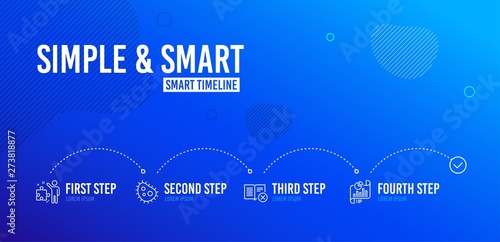 Infographic timeline. Bacteria, Strategy and Reject book icons simple set. Report document sign. Antibacterial, Business plan, Delete article. Growth chart. Business set. 4 steps layout. Vector