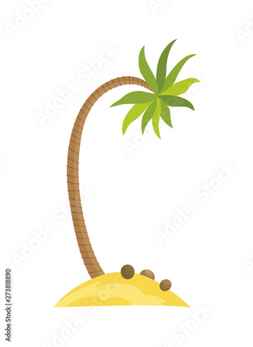Tropical palm on island with sea waves vector illustration isolated white background. Beach under palm tree. Summer vacation in tropics. Cartoon vector illustration