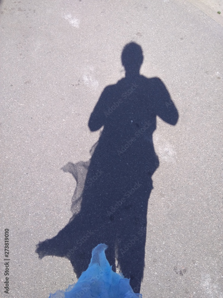 a shadow of the woman in the blue dress