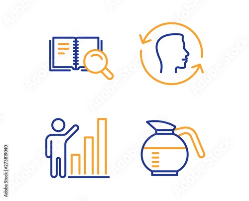 Face id, Search book and Graph chart icons simple set. Coffeepot sign. Identification system, Online education, Growth report. Brewed coffee. Business set. Linear face id icon. Colorful design set