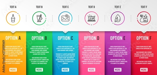 New mail, Scotch bottle and Sound check icons simple set. Water drop, Tea mug and Cleanser spray signs. Add e-mail, Brandy alcohol. Business set. Infographic template. 6 steps timeline. Vector