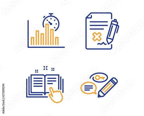 Report timer, Technical documentation and Reject file icons simple set. Keywords sign. Growth chart, Manual, Decline agreement. Pencil with key. Business set. Linear report timer icon. Vector