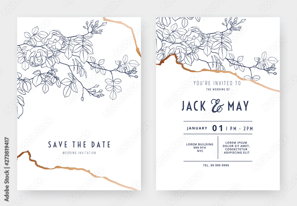 Obraz premium Botanical wedding invitation card template design, climbing rose line art ink drawing on white