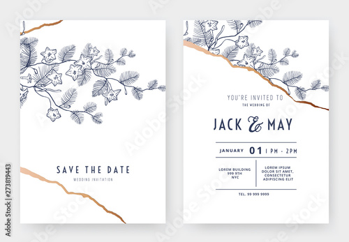 Botanical wedding invitation card template design, cypressvine morning glory line art ink drawing on white